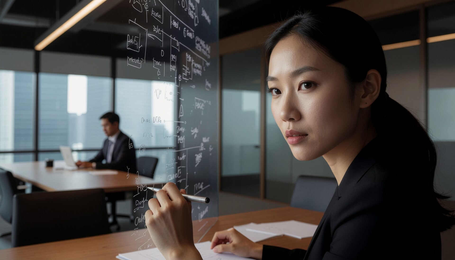 ガラスのホワイトボードにビジネス戦略のキーワードを書き出している様子