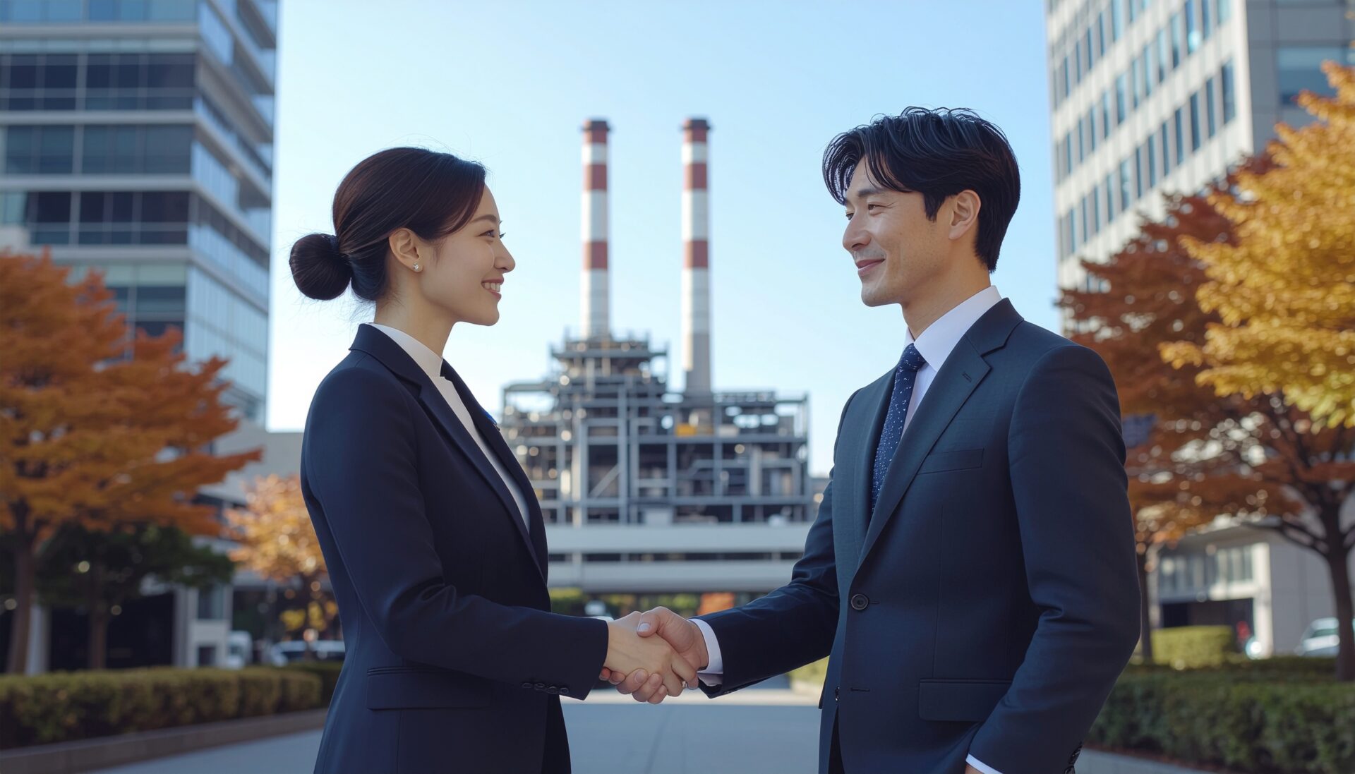 社長と記者が握手をしている信頼関係のイラスト